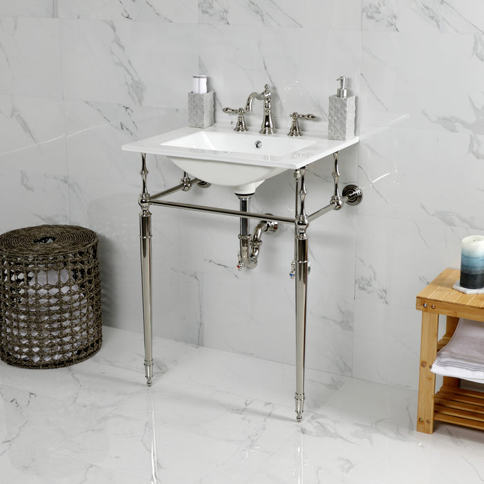 Kingston Heirloom KVPB24187W8PN - Edwardian 24-Inch Ceramic Console Sink with Brass Legs (8-Inch, 3-Hole), White/Polished Nickel