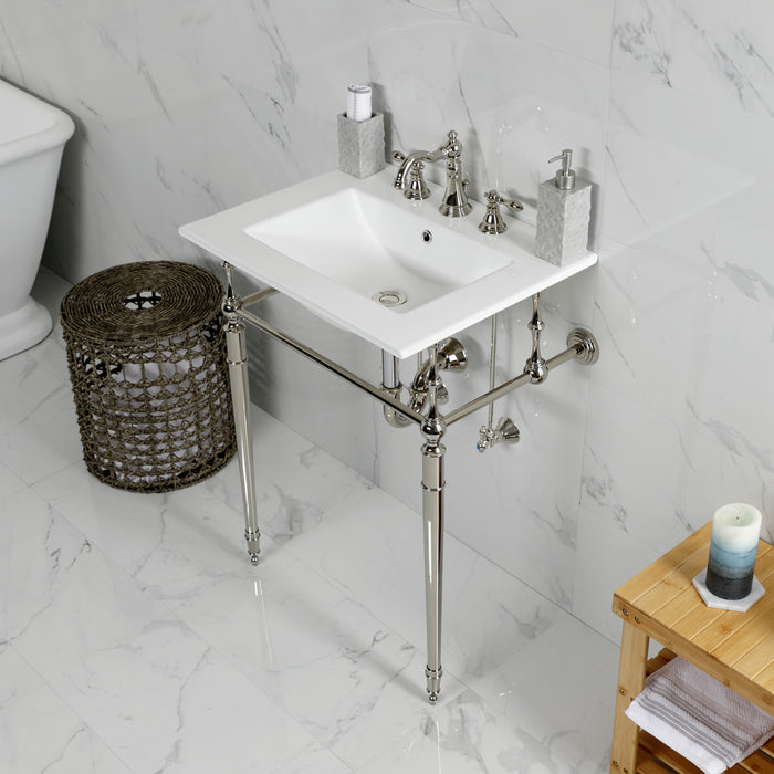 Kingston Heirloom KVPB24187W8PN - Edwardian 24-Inch Ceramic Console Sink with Brass Legs (8-Inch, 3-Hole), White/Polished Nickel