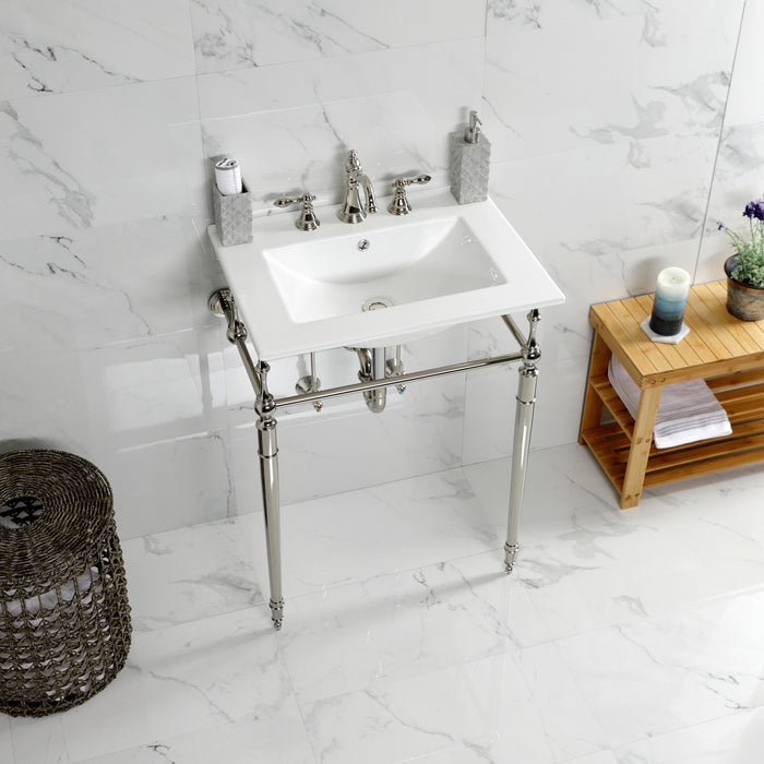 Kingston Heirloom KVPB24187W8PN - Edwardian 24-Inch Ceramic Console Sink with Brass Legs (8-Inch, 3-Hole), White/Polished Nickel