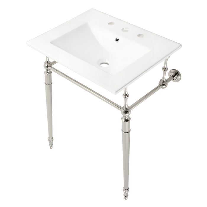 Kingston Heirloom KVPB24187W8PN - Edwardian 24-Inch Ceramic Console Sink with Brass Legs (8-Inch, 3-Hole), White/Polished Nickel