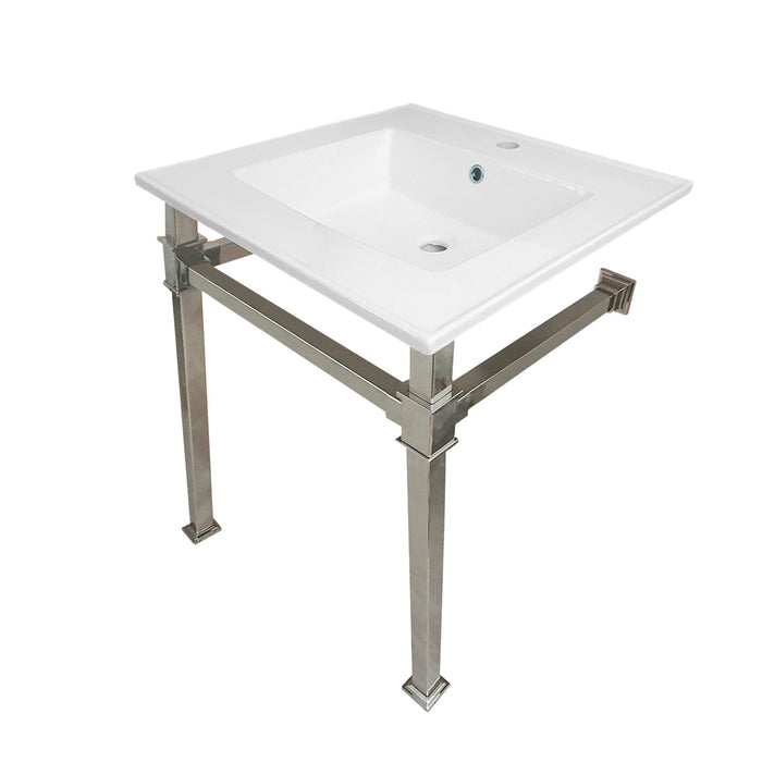 Kingston Sona KVPB25221Q6 - Monarch 25-Inch Ceramic Console Sink with Stainless Steel Legs (1-Hole), White/Polished Nickel