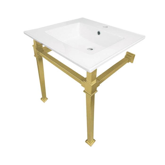 Kingston Sona KVPB25221Q7 - Monarch 25-Inch Ceramic Console Sink with Stainless Steel Legs (1-Hole), White/Brushed Brass
