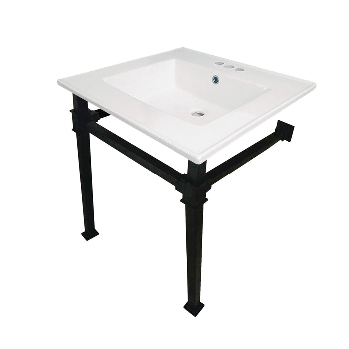Kingston Sona KVPB25224Q0 - Monarch 25-Inch Ceramic Console Sink with Stainless Steel Legs (4-Inch, 3-Hole), White/Matte Black