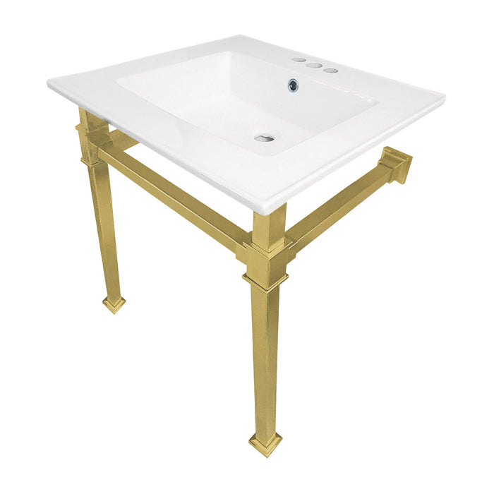Kingston Sona KVPB25224Q7 - Monarch 25-Inch Ceramic Console Sink with Stainless Steel Legs (4-Inch, 3-Hole), White/Brushed Brass