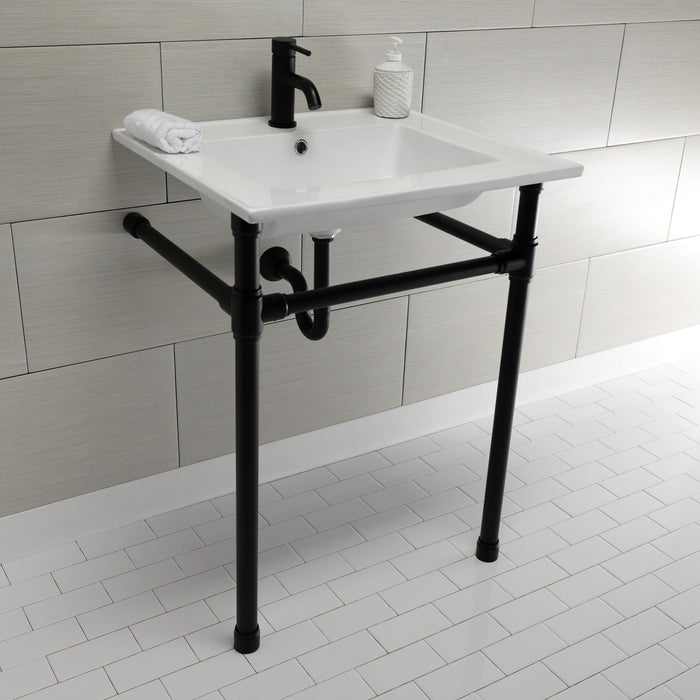 Kingston Tulare KVPB2522710 - Dreyfuss 25-Inch Ceramic Console Sink with Stainless Steel Legs (1-Hole), White/Matte Black