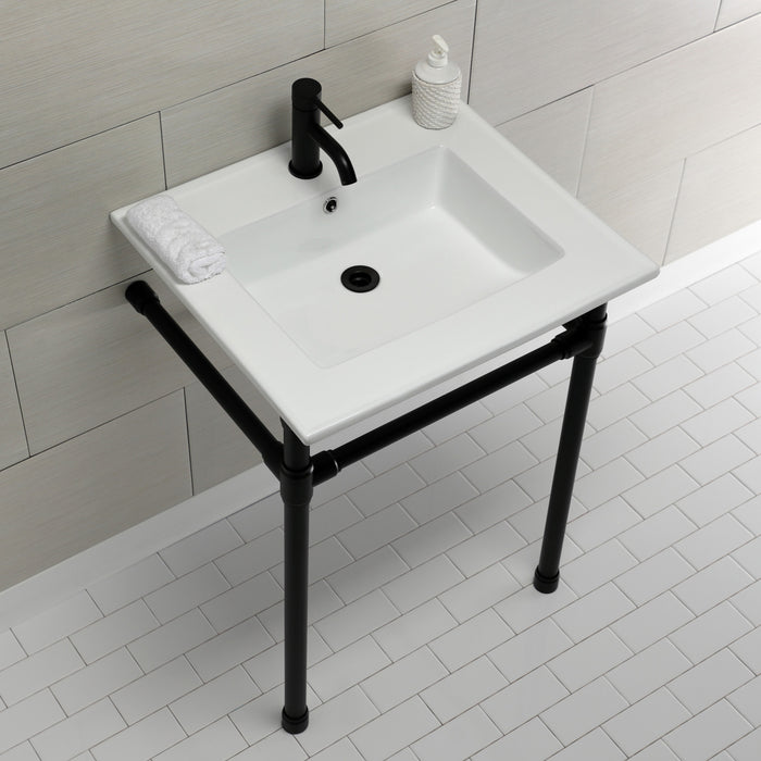 Kingston Tulare KVPB2522710 - Dreyfuss 25-Inch Ceramic Console Sink with Stainless Steel Legs (1-Hole), White/Matte Black