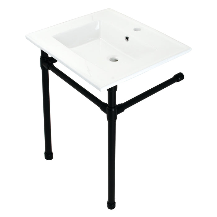 Kingston Tulare KVPB2522710 - Dreyfuss 25-Inch Ceramic Console Sink with Stainless Steel Legs (1-Hole), White/Matte Black