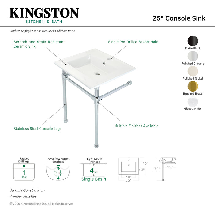 Kingston Tulare KVPB2522711 - Dreyfuss 25-Inch Ceramic Console Sink with Stainless Steel Legs (1-Hole), White/Polished Chrome