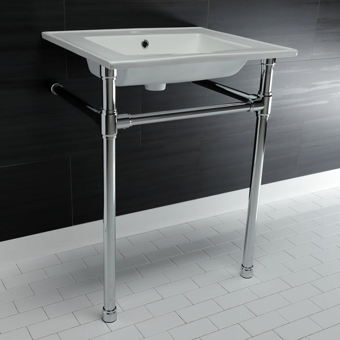 Kingston Tulare KVPB2522711 - Dreyfuss 25-Inch Ceramic Console Sink with Stainless Steel Legs (1-Hole), White/Polished Chrome