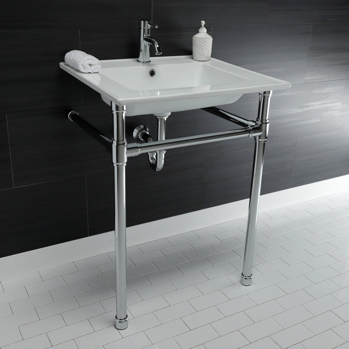 Kingston Tulare KVPB2522711 - Dreyfuss 25-Inch Ceramic Console Sink with Stainless Steel Legs (1-Hole), White/Polished Chrome