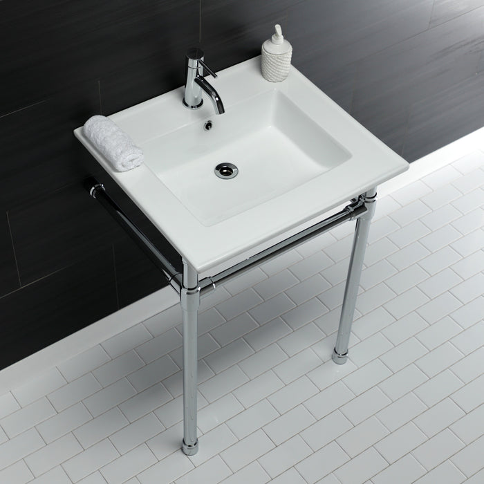 Kingston Tulare KVPB2522711 - Dreyfuss 25-Inch Ceramic Console Sink with Stainless Steel Legs (1-Hole), White/Polished Chrome