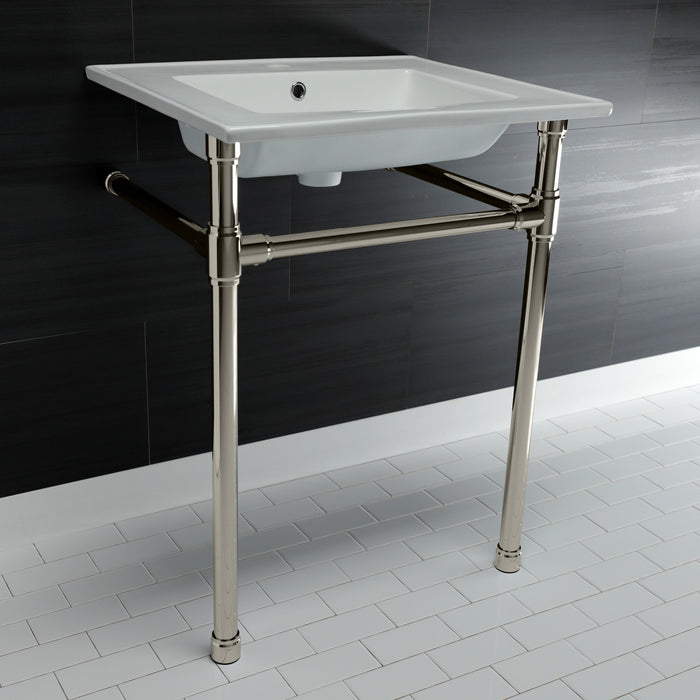 Kingston Tulare KVPB2522716 - Dreyfuss 25-Inch Ceramic Console Sink with Stainless Steel Legs (1-Hole), White/Polished Nickel