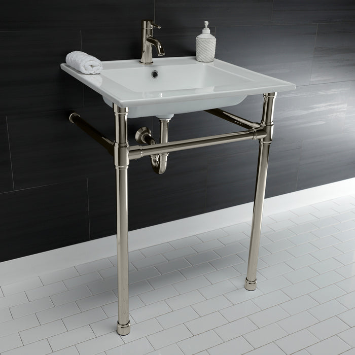 Kingston Tulare KVPB2522716 - Dreyfuss 25-Inch Ceramic Console Sink with Stainless Steel Legs (1-Hole), White/Polished Nickel