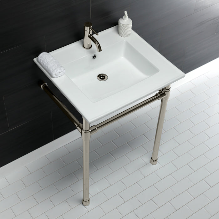 Kingston Tulare KVPB2522716 - Dreyfuss 25-Inch Ceramic Console Sink with Stainless Steel Legs (1-Hole), White/Polished Nickel