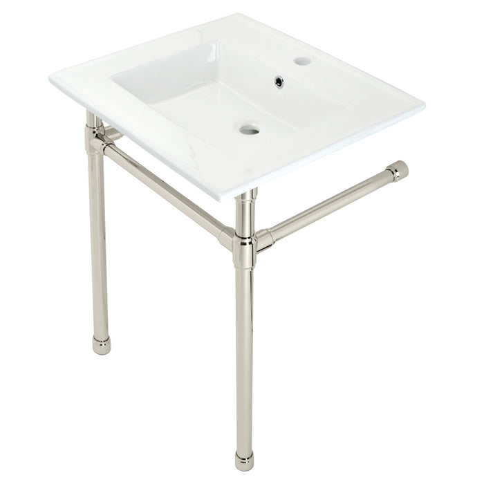 Kingston Tulare KVPB2522716 - Dreyfuss 25-Inch Ceramic Console Sink with Stainless Steel Legs (1-Hole), White/Polished Nickel