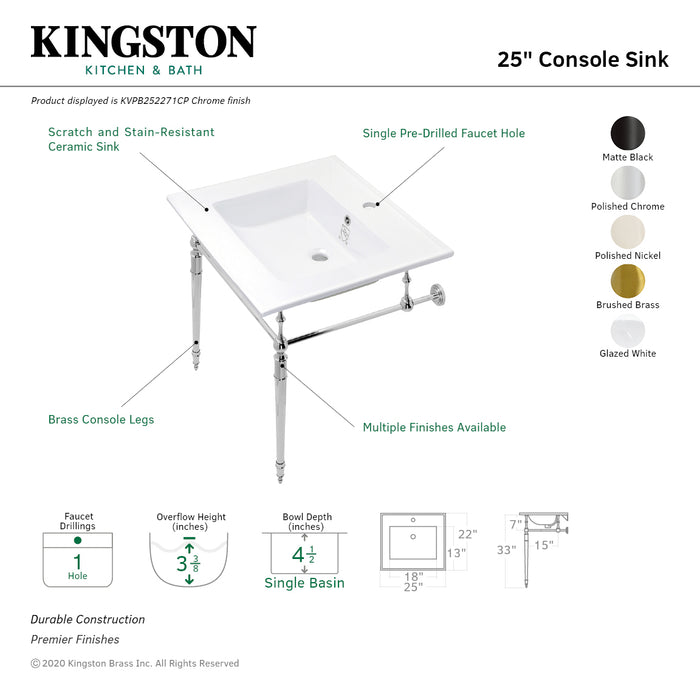Kingston Heirloom KVPB252271CP - Edwardian 25-Inch Ceramic Console Sink with Brass Legs (1-Hole), White/Polished Chrome