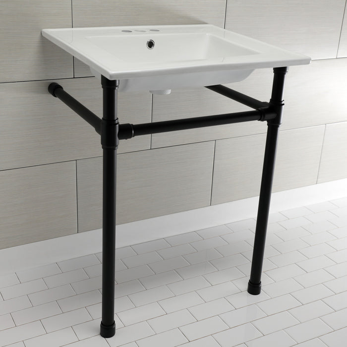 Kingston Tulare KVPB25227W40 - Dreyfuss 25-Inch Ceramic Console Sink with Stainless Steel Legs (4-Inch, 3-Hole), White/Matte Black