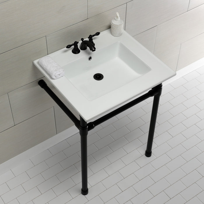 Kingston Tulare KVPB25227W40 - Dreyfuss 25-Inch Ceramic Console Sink with Stainless Steel Legs (4-Inch, 3-Hole), White/Matte Black