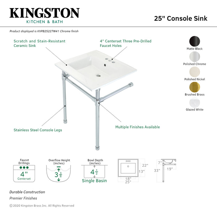 Kingston Tulare KVPB25227W41 - Dreyfuss 25-Inch Ceramic Console Sink with Stainless Steel Legs (4-Inch, 3-Hole), White/Polished Chrome