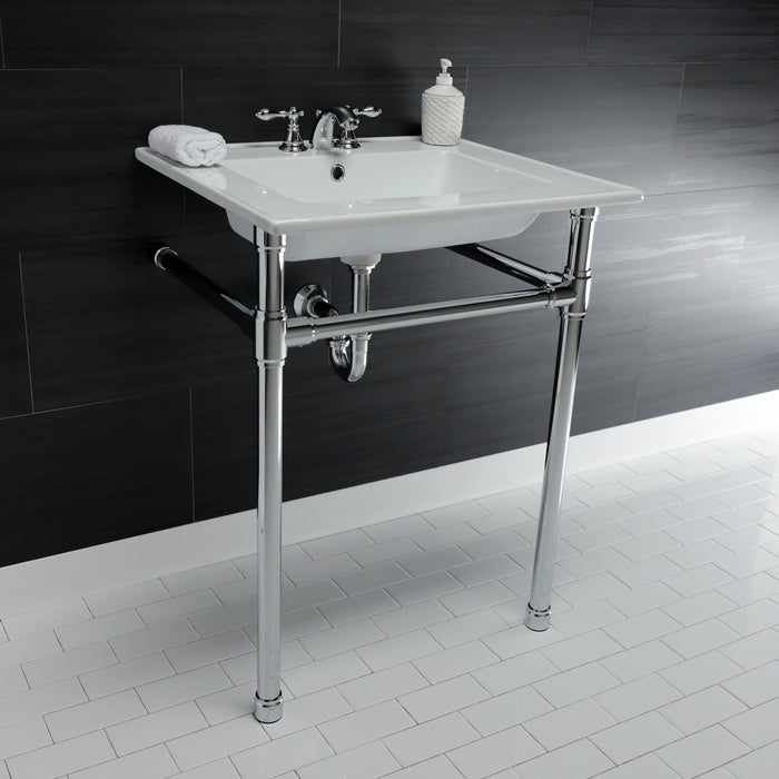 Kingston Tulare KVPB25227W41 - Dreyfuss 25-Inch Ceramic Console Sink with Stainless Steel Legs (4-Inch, 3-Hole), White/Polished Chrome