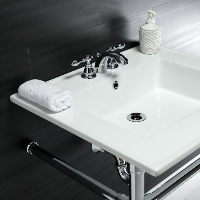 Kingston Tulare KVPB25227W41 - Dreyfuss 25-Inch Ceramic Console Sink with Stainless Steel Legs (4-Inch, 3-Hole), White/Polished Chrome