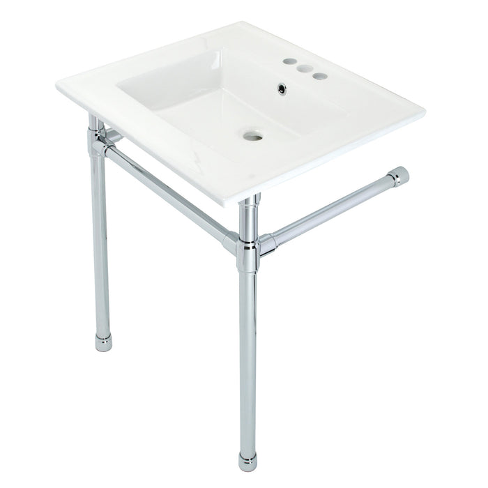 Kingston Tulare KVPB25227W41 - Dreyfuss 25-Inch Ceramic Console Sink with Stainless Steel Legs (4-Inch, 3-Hole), White/Polished Chrome