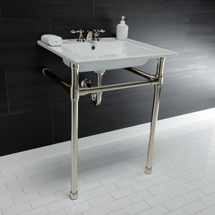 Kingston Tulare KVPB25227W46 - Dreyfuss 25-Inch Ceramic Console Sink with Stainless Steel Legs (4-Inch, 3-Hole), White/Polished Nickel