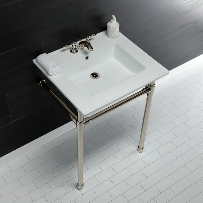 Kingston Tulare KVPB25227W46 - Dreyfuss 25-Inch Ceramic Console Sink with Stainless Steel Legs (4-Inch, 3-Hole), White/Polished Nickel