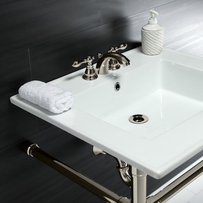 Kingston Tulare KVPB25227W46 - Dreyfuss 25-Inch Ceramic Console Sink with Stainless Steel Legs (4-Inch, 3-Hole), White/Polished Nickel