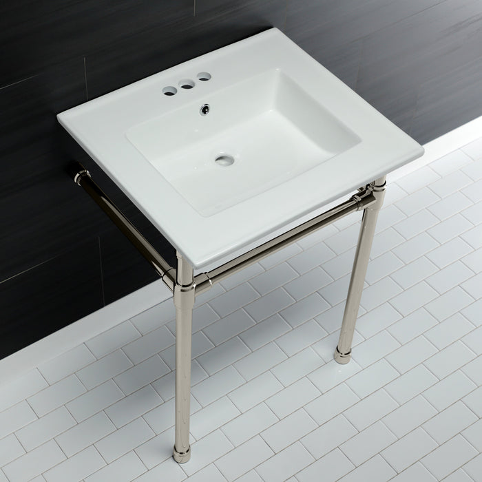 Kingston Tulare KVPB25227W46 - Dreyfuss 25-Inch Ceramic Console Sink with Stainless Steel Legs (4-Inch, 3-Hole), White/Polished Nickel
