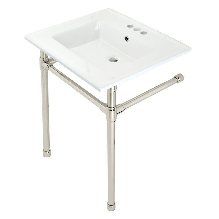Kingston Tulare KVPB25227W46 - Dreyfuss 25-Inch Ceramic Console Sink with Stainless Steel Legs (4-Inch, 3-Hole), White/Polished Nickel