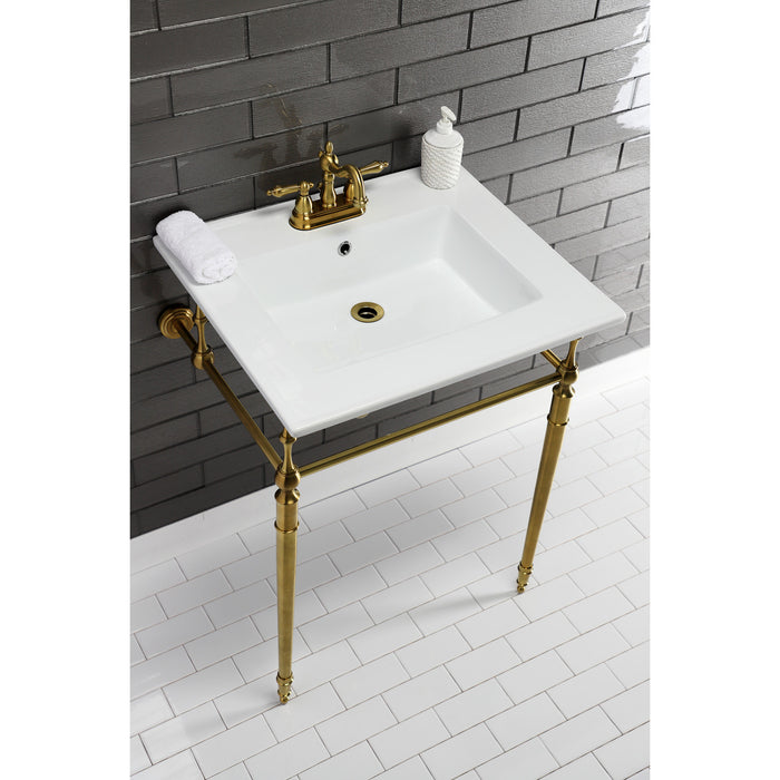 Kingston Heirloom KVPB25227W4BB - Edwardian 25-Inch Ceramic Console Sink with Brass Legs (4-Inch, 3-Hole), White/Brushed Brass
