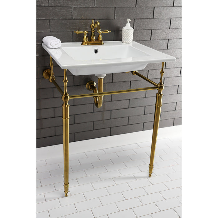 Kingston Heirloom KVPB25227W4BB - Edwardian 25-Inch Ceramic Console Sink with Brass Legs (4-Inch, 3-Hole), White/Brushed Brass