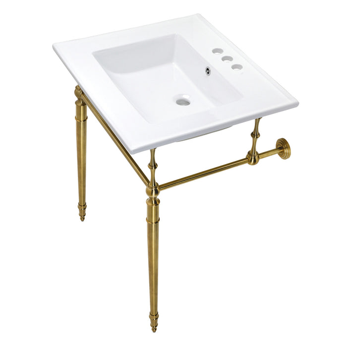 Kingston Heirloom KVPB25227W4BB - Edwardian 25-Inch Ceramic Console Sink with Brass Legs (4-Inch, 3-Hole), White/Brushed Brass