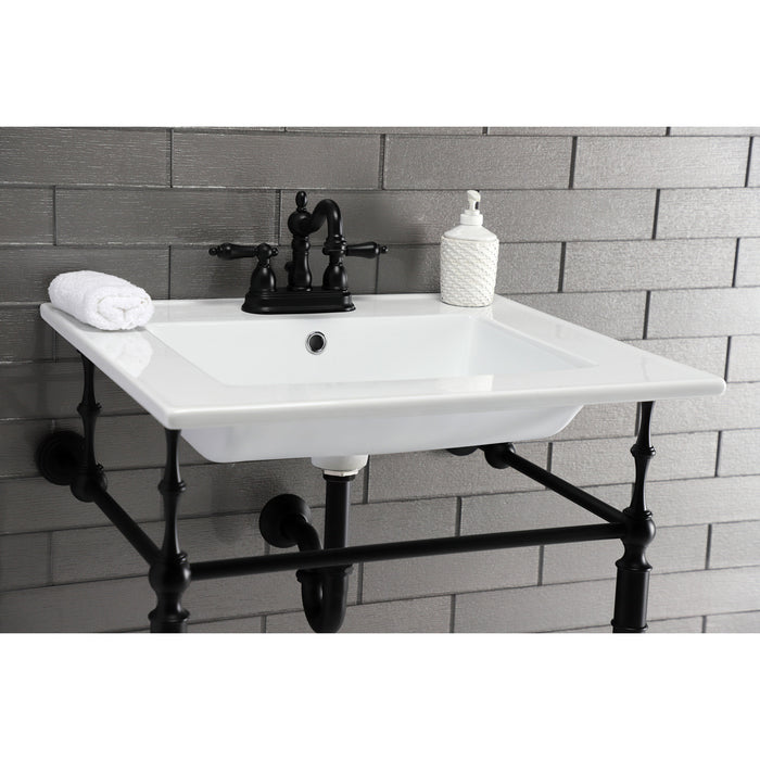 Kingston Heirloom KVPB25227W4MB - Edwardian 25-Inch Ceramic Console Sink with Brass Legs (4-Inch, 3-Hole), White/Matte Black
