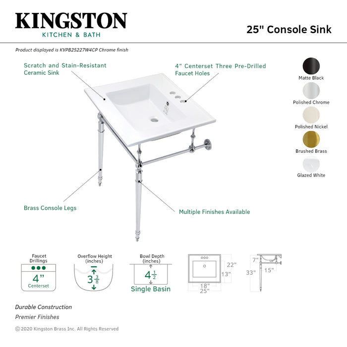 Kingston Heirloom KVPB25227W4PN - Edwardian 25-Inch Ceramic Console Sink with Brass Legs (4-Inch, 3-Hole), White/Polished Nickel