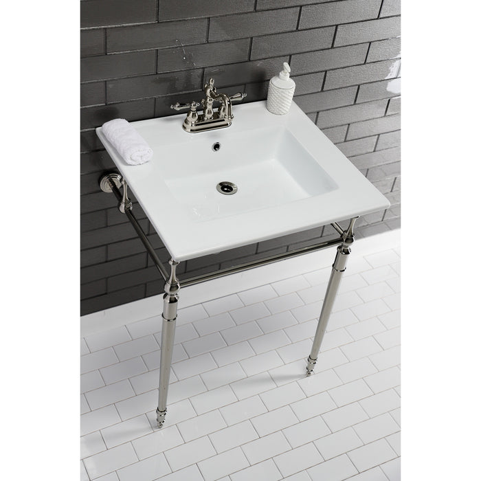 Kingston Heirloom KVPB25227W4PN - Edwardian 25-Inch Ceramic Console Sink with Brass Legs (4-Inch, 3-Hole), White/Polished Nickel