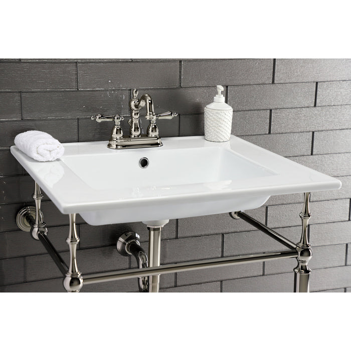 Kingston Heirloom KVPB25227W4PN - Edwardian 25-Inch Ceramic Console Sink with Brass Legs (4-Inch, 3-Hole), White/Polished Nickel