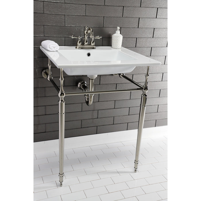 Kingston Heirloom KVPB25227W4PN - Edwardian 25-Inch Ceramic Console Sink with Brass Legs (4-Inch, 3-Hole), White/Polished Nickel