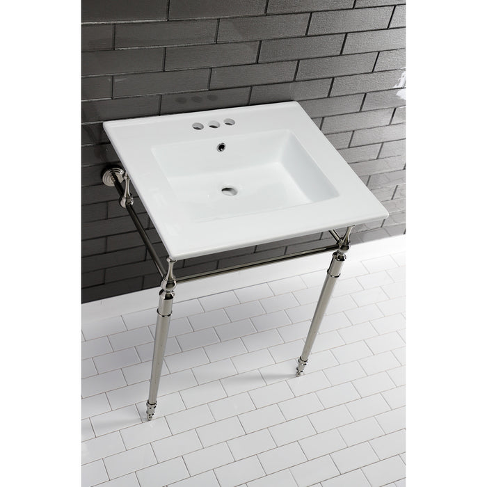 Kingston Heirloom KVPB25227W4PN - Edwardian 25-Inch Ceramic Console Sink with Brass Legs (4-Inch, 3-Hole), White/Polished Nickel