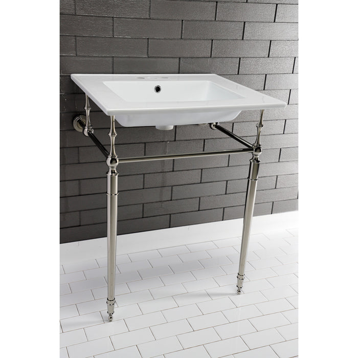 Kingston Heirloom KVPB25227W4PN - Edwardian 25-Inch Ceramic Console Sink with Brass Legs (4-Inch, 3-Hole), White/Polished Nickel