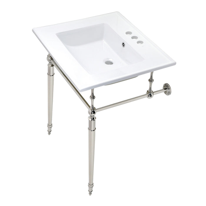 Kingston Heirloom KVPB25227W4PN - Edwardian 25-Inch Ceramic Console Sink with Brass Legs (4-Inch, 3-Hole), White/Polished Nickel