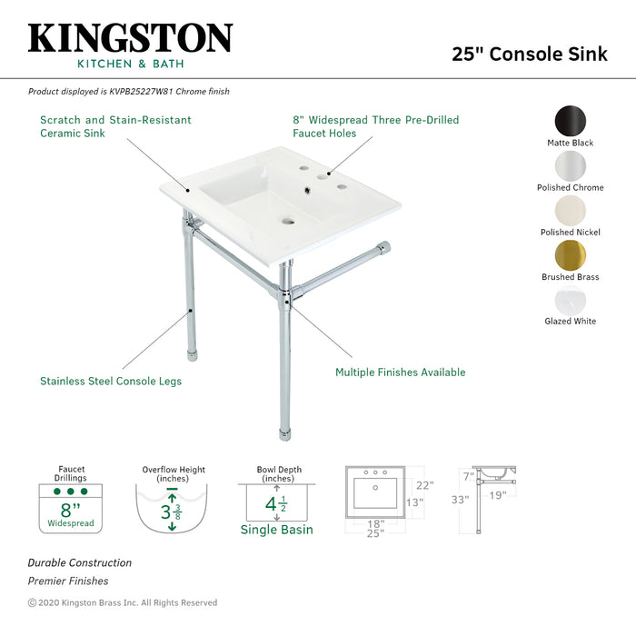 Kingston Tulare KVPB25227W80 - Dreyfuss 25-Inch Ceramic Console Sink with Stainless Steel Legs (8-Inch, 3-Hole), White/Matte Black