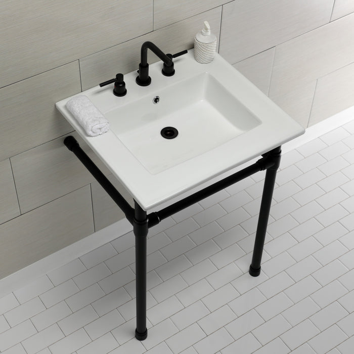 Kingston Tulare KVPB25227W80 - Dreyfuss 25-Inch Ceramic Console Sink with Stainless Steel Legs (8-Inch, 3-Hole), White/Matte Black