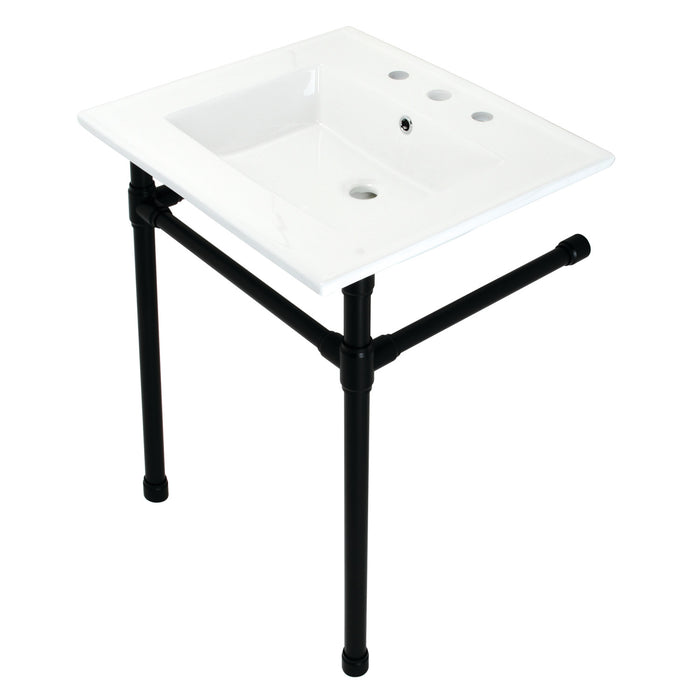 Kingston Tulare KVPB25227W80 - Dreyfuss 25-Inch Ceramic Console Sink with Stainless Steel Legs (8-Inch, 3-Hole), White/Matte Black