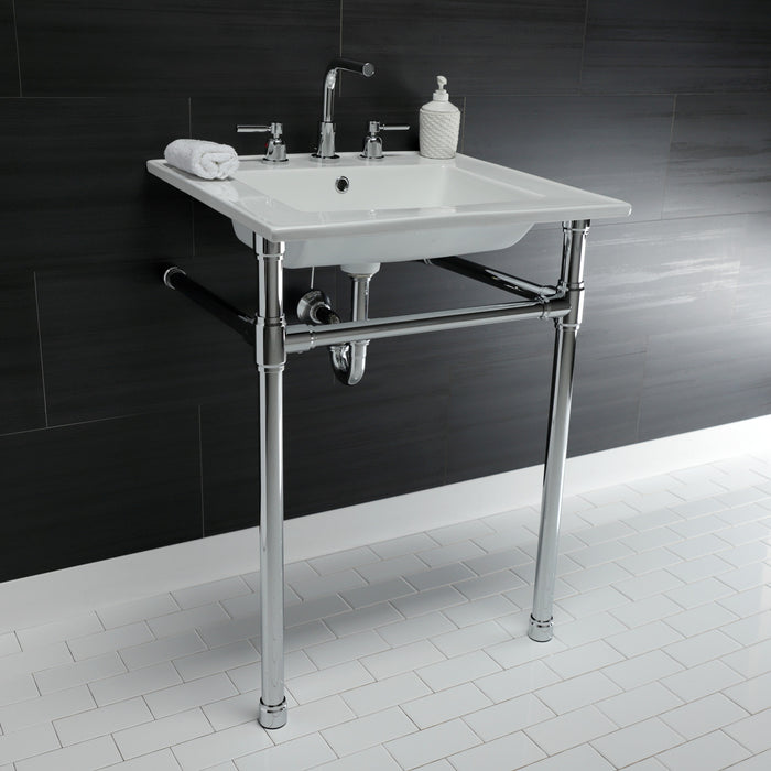 Kingston Tulare KVPB25227W81 - Dreyfuss 25-Inch Ceramic Console Sink with Stainless Steel Legs (8-Inch, 3-Hole), White/Polished Chrome