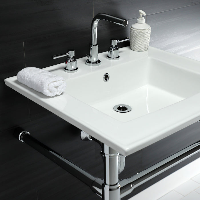 Kingston Tulare KVPB25227W81 - Dreyfuss 25-Inch Ceramic Console Sink with Stainless Steel Legs (8-Inch, 3-Hole), White/Polished Chrome