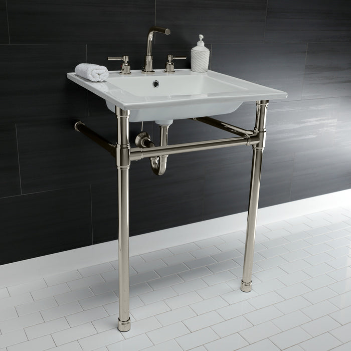 Kingston Tulare KVPB25227W86 - Dreyfuss 25-Inch Ceramic Console Sink with Stainless Steel Legs (8-Inch, 3-Hole), White/Polished Nickel