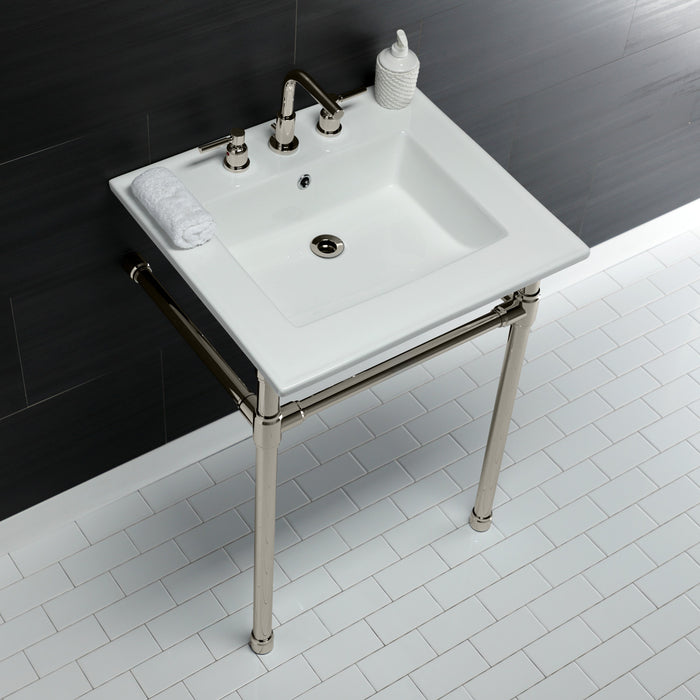 Kingston Tulare KVPB25227W86 - Dreyfuss 25-Inch Ceramic Console Sink with Stainless Steel Legs (8-Inch, 3-Hole), White/Polished Nickel