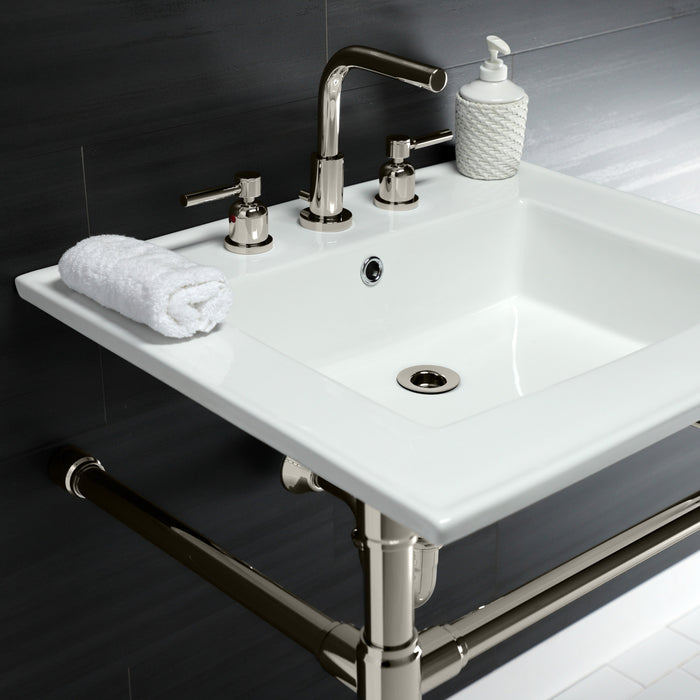 Kingston Tulare KVPB25227W86 - Dreyfuss 25-Inch Ceramic Console Sink with Stainless Steel Legs (8-Inch, 3-Hole), White/Polished Nickel